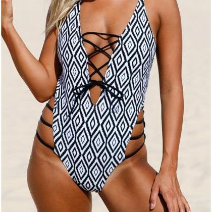 Women Swimsuit Beach Wear Geometric Print Lace-up..