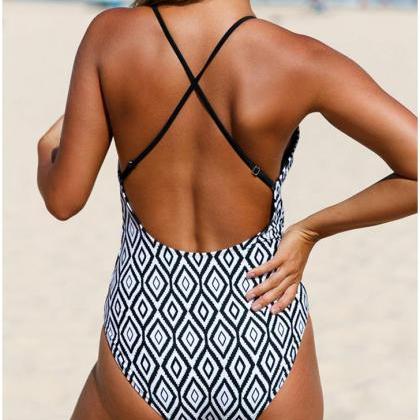 Women Swimsuit Beach Wear Geometric Print Lace-up..