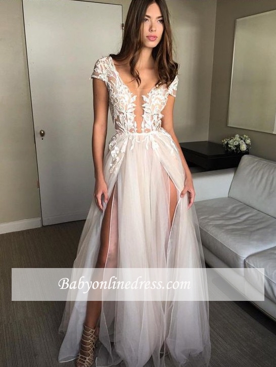 Scoop Lace Applique A Line Tulle Side Slit Exquisite Short Sleeves Wedding Dresses