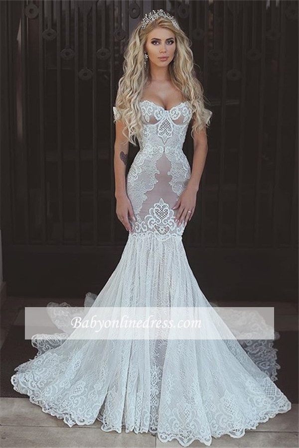 Sexy Mermaid Lace Wedding Dresses 2018 Cap Sleeves Appliques Bridal Gowns